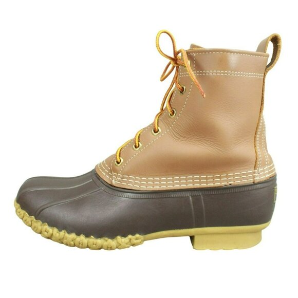 LL Bean Brown Leather 8' Lace Up Round Toe Unlined Ankle Duck Boots Size 11 M - Picture 1 of 10